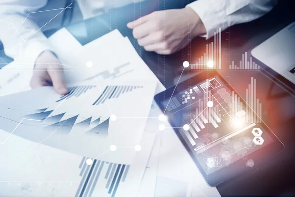 Investment manager working process.Concept photo trader work market report modern tablet.Using electronic device.Graphic icons,stock exchange reports screen interfaces.Business startup.Flares effect — Stock Photo, Image