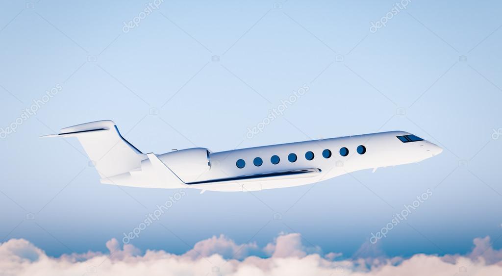Photo White Matte Luxury Generic Design Private Airplane Flying in Blue Sky.Mockup Isolated on Blurred Background.Business Travel Picture. Right Side view. Horizontal,. 3D rendering