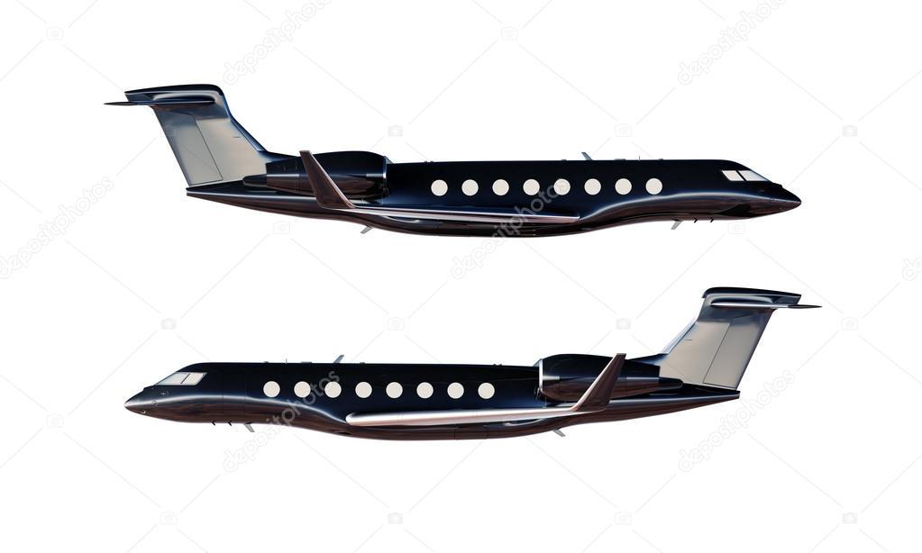 Photo Black Glossy Luxury Generic Design Private Airplane Model. Clear Mockup Isolated Blank White Background.Business Travel Picture.Left Right Side View. Horizontal,. 3D rendering