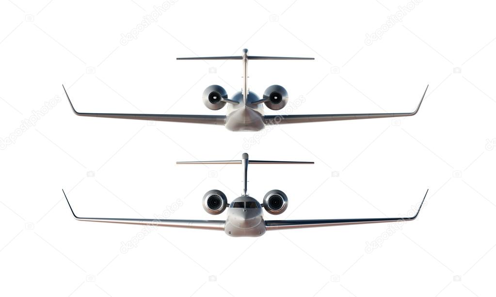 Photo Gray Matte Luxury Generic Design Private Airplane Model. Clear Mockup Isolated Blank White Background.Business Travel Picture. Back Front Side View. Horizontal. 3D rendering