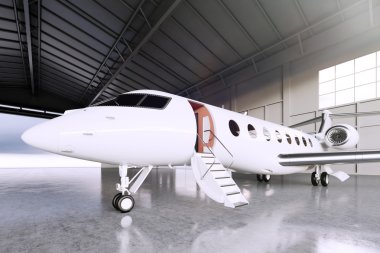 Hangar havaalanında Beyaz Mat Lüks Generic Tasarım Özel Jet otopark Resmi. Beton zemin. İş Seyahati Resmi. Yatay, ön açı görünümü. Film Efekti. 3d render.