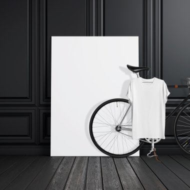 Klasik bisiklet ile Fotoğraf Siyah Oda İç Modern Studio House. Ahşap Zemin üzerinde Boş Beyaz Tuval.Boş Tshirt Asılı Bisiklet. Yatay mockup.