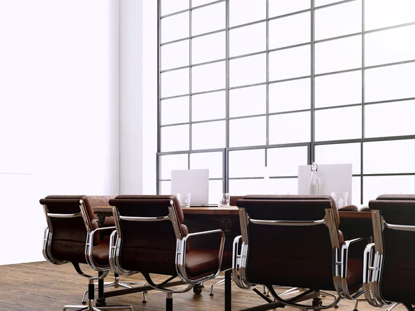 Bild modernt mötesrum med panoramafönster. Generics datorer generiska designmöbler i samtida konferenssal. Öppen plats för teckna affärskontrakt. Horisontella. 3D-rendering — Stockfoto