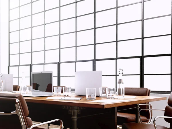사진 인테리어 파노라마 창문과 현대적인 회의실. 현대적인 회의실의 일반 컴퓨터 및 일반 디자인 가구. 비즈니스 계약에 서명할 수 있는 열린 공간입니다. 호라이즌.3d 렌더링 — 스톡 사진