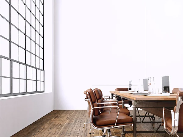 Interieur moderne vergaderruimte met panoramische ramen. Blanco witte doek op de muur. generieke ontwerp fauteuil en laptops in hedendaagse conferentie rom. Horizontale mockup. 3D-rendering — Stockfoto