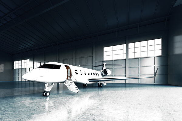 Photo of White Matte Luxury Generic Design Private Jet parking in hangar airport. Concrete floor. Business Travel Picture. Horizontal, front angle view. Film Effect. 3D rendering.