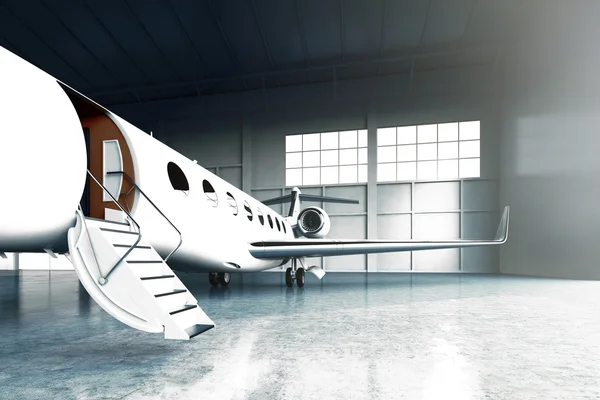 Closeup photo of White Matte Luxury Generic Design Private Jet parking in hangar airport. Concrete floor. Business Travel Picture. Horizontal, front angle view. Film Effect. 3D rendering. — Stock Photo, Image