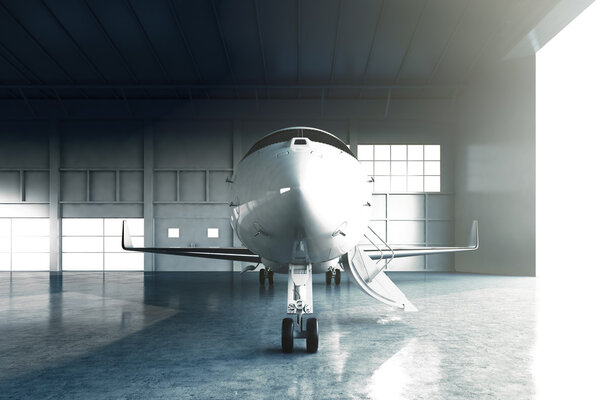 Photo of White Glossy Luxury Generic Design Private Jet parking in hangar airport. Concrete floor. Business Travel Picture. Horizontal, front view. Film Effect. 3D rendering.