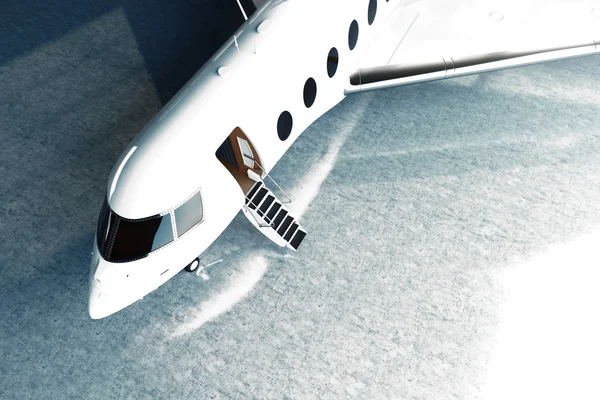 Foto de White Glossy Luxury Generic Design Aparcamiento privado en el aeropuerto de hangar. Piso de hormigón. Viajes de negocios. Horizontal, cabina piloto vista ángulo superior. Efecto de película. Renderizado 3D . — Foto de Stock