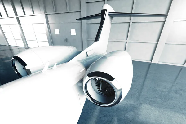 Photo of White Glossy Luxury Generic Design Private Jet parking in hangar airport. Concrete floor. Business Travel Picture. Horizontal, top view turbine. Film Effect. 3D rendering. — Stock Photo, Image