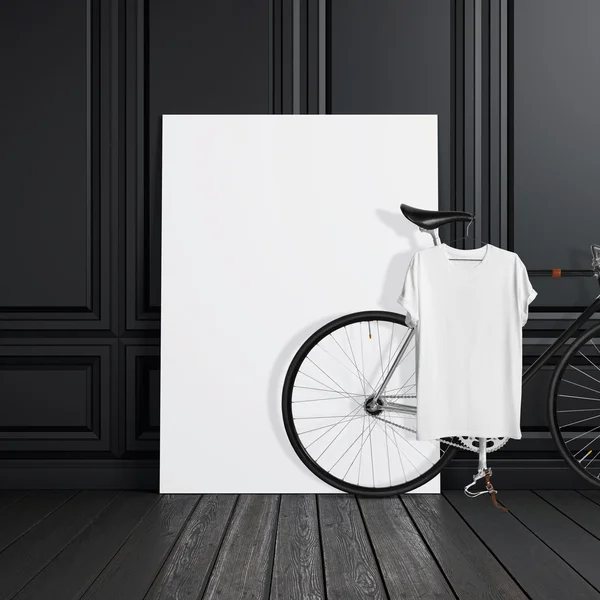 Foto zwarte kamer interieur modern Studio huis met klassieke fiets. Lege witte doek op houten vloer. blank tshirt opknoping fiets. Horizontale mockup. — Stockfoto