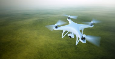 Dünya Yüzeyi altında Sky Uçan video kamera ile Fotoğraf Beyaz Mat Jenerik Tasarım Hava Drone. Issız Yeşil Alanlar Arka Plan.Yatay, ön üst açı görünümü. Film Efekti.3d render.
