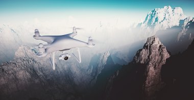 Fotoğraf Beyaz Mat Genel Tasarım Modern Uzaktan Kumanda Drone kamera Earth Yüzey altında Sky Uçan ile. Büyük Kanyon arka planı. Yatay, ön üst açı görünümü. Film Efekti. 3d render.