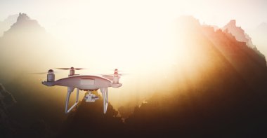Fotoğraf Beyaz Mat Genel Tasarım Modern Uzaktan Kumanda Drone kamera Earth Yüzey altında Sky Uçan ile. Grand Canyon Sunset Arka Plan. Yatay, arka açı görünümü. Film Efekti. 3d render.