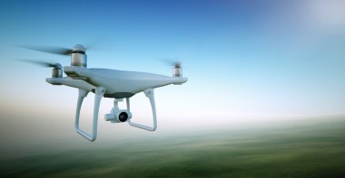 Image White Matte Generic Design Air Drone with video action camera Flying Sky under the Earth Surface. Green Fields Background. Wide, front side angle view. Film Effect. 3D rendering. clipart