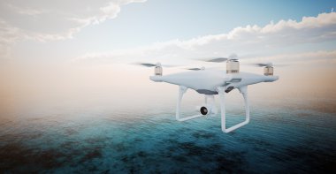 Görüntü Beyaz Mat Genel Tasarım Modern Uzaktan Kumanda Drone aksiyon kamerası Su Yüzeyi altında Sky Uçan. Ocean Sunrise Arka Plan. Yatay, ön yan görünüm. Film Efekti. 3d render.