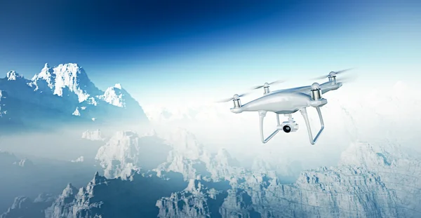 Foto weiß matt generisches Design moderne rc Drohne mit Kamera fliegen in den Himmel unter der Erdoberfläche. Grand Canyon Hintergrund. horizontale Ansicht von oben. Filmeffekt. 3D-Darstellung. — Stockfoto