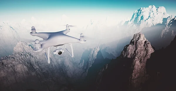 Foto Bianco opaco Design generico Moderno telecomando Drone con fotocamera Volare in cielo sotto la superficie terrestre. Sfondo del Grand Canyon. Orizzontale, vista frontale angolo superiore. Effetto pellicola. Rendering 3D . — Foto Stock