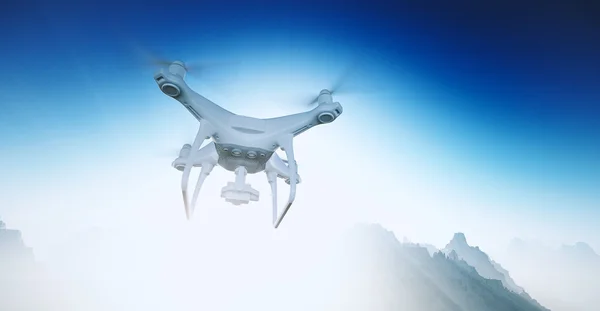 Foto Blanco mate Diseño genérico Moderno teledirigido Drone con cámara Volando en el cielo azul bajo la superficie de la Tierra. Fondo del Gran Cañón. Horizontal, vista angular. Efecto de película. Renderizado 3D . —  Fotos de Stock