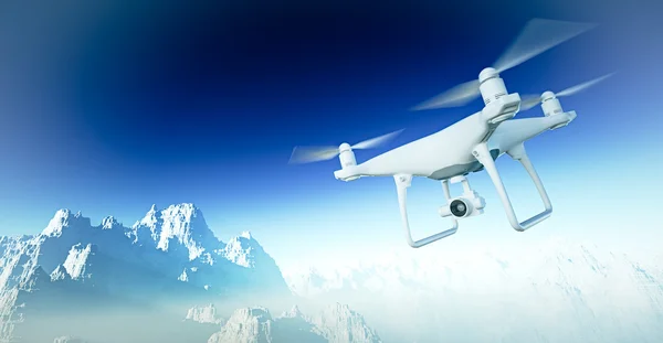 Photo White Matte Generic Design Modern Remote Control Drone with camera Flying in Sky under the Earth Surface. Grand Canyon Background. Horizontal, front side angle view. Film Effect. 3D rendering. — Stock Photo, Image