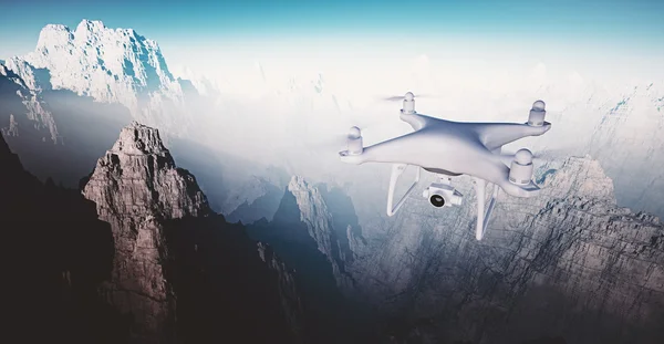 Imagen Blanco mate Diseño genérico Moderno Drone de control remoto con cámara de acción Flying Sky bajo la superficie de la Tierra. Fondo del Gran Cañón. Amplia vista frontal del ángulo lateral. Efecto de película. Renderizado 3D . — Foto de Stock