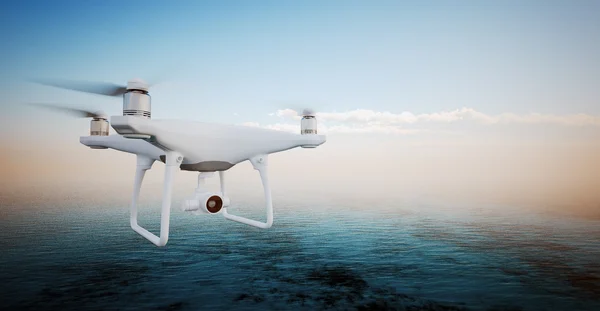 Photo White Matte Generic Design Modern Remote Control Drone action camera Flying in Sky under Water Surface. Ocean Sunrise Background. Horizontal, front side view.Film Effect. 3D rendering. — Stock Photo, Image