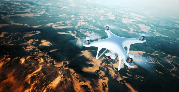 Image White Matte Generic Design Air Drone with action camera Flying Sky under Earth Surface.Uninhabited Desert Mountains Sunset Background.Horizontal,front top angle view.Film Effect.3D rendering. — Stock Photo, Image
