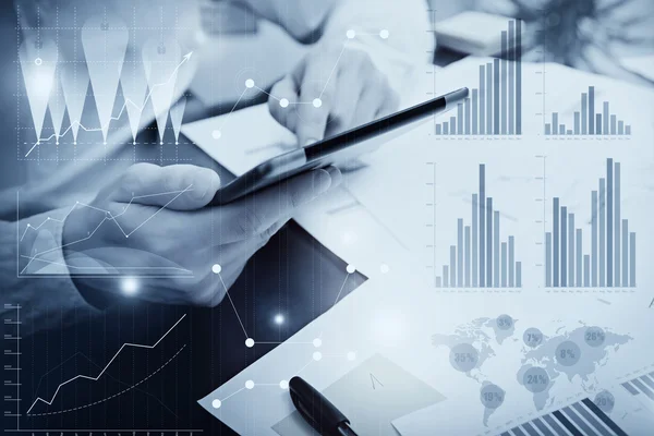 Photo Analytics-avdelningens arbetsmarknads diagram. arbetsprocess för bank chef. Använda digitala enheter. Grafisk ikon, Worldwide Online Stock börser gränssnitt på skärmen. affärsprojekt start. svart vit. — Stockfoto