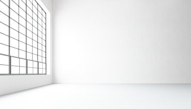 Boş modern toplantı odası büyük panoramik pencereler, boyalı beyaz ahşap zemin, beton boş duvarlar. Çağdaş konferans salonunda genel tasarım iç. Açık alan iş fikri. Yatay.3d işleme.