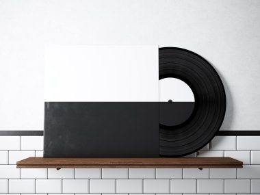 Fotoğraf vinil müzik albüm şablona doğal ahşap kitaplık. Tuğla duvar arka plan beyaz boyalı. Vintage tarzı, yüksek satır malzemeleri dokulu. Kapak disk siyah ve fazlası. Yatay. 3D render.