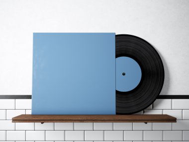 Fotoğraf vinil müzik albüm şablona doğal ahşap kitaplık. Tuğla duvar arka plan beyaz boyalı. Vintage tarzı, yüksek satır malzemeleri dokulu. Mavi boş disk kapağı. Yatay. 3D render.