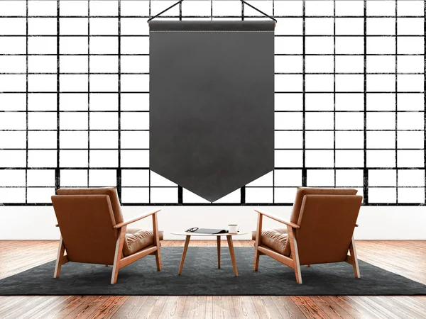 Moderne interieur studio loft groot panoramisch raam, natuurlijke kleur vloer. Generieke design meubels in de hedendaagse zakelijke Congreshal. Chillout lounge-zone. Lege zwarte wimpel vertakkend 3D-rendering. — Stockfoto