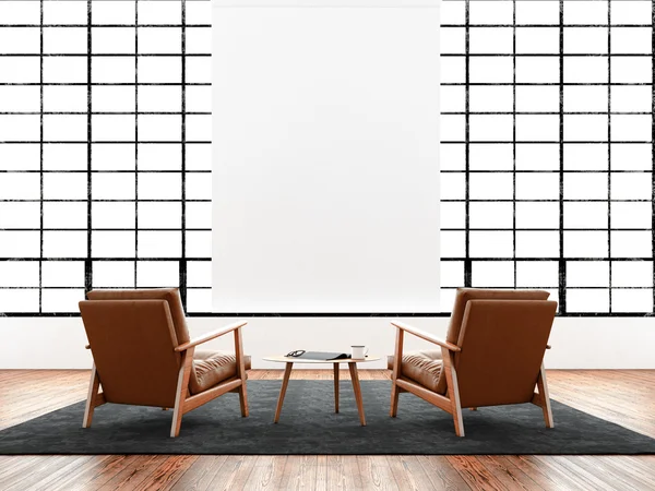 Modern belső stúdió Loft hatalmas panoráma ablak, természetes színű padló. Általános design bútor kortárs üzleti konferenciateremben. Chillout társalgó övezetben. Üres fehér plakát lóg. 3D-leképezés. — Stock Fotó