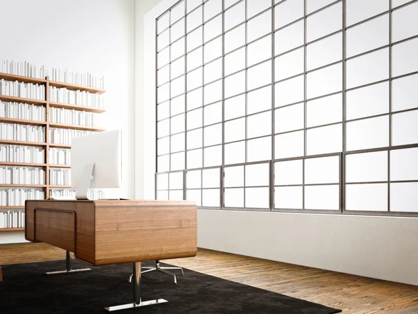 Moderna sala de gabinete interior con ventanas panorámicas, suelos de madera natural.Ordenadores genéricos, muebles de diseño genérico en la oficina de conferencias contemporáneas.Contratos de negocio de signos de espacio privado.Representación 3D . —  Fotos de Stock