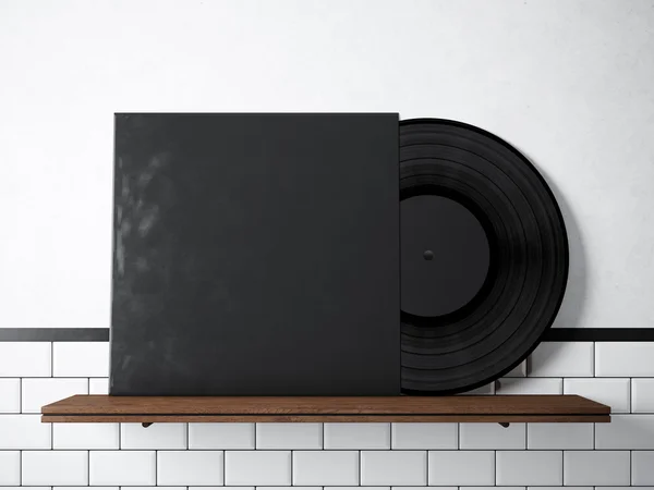 Foto modelo de álbum de música de vinil na estante de madeira natural.Branco pintado tijolos parede background.Vintage estilo, alta texturizado linha materials.Black capa de disco de papel em branco. Horizontal. Renderização 3D . — Fotografia de Stock