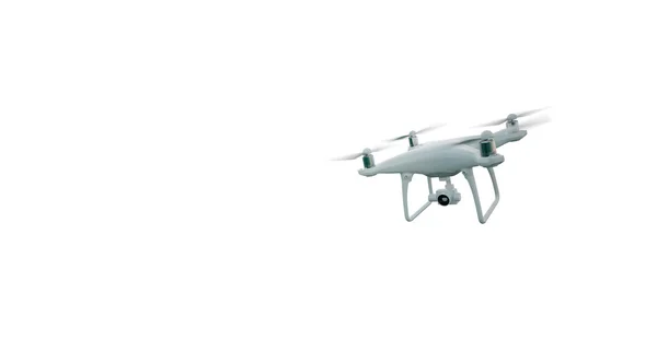 Foto Matte Genérico Design Moderno Controle Remoto Air Drone Voando com câmera de ação. Isolado em branco fundo branco. Visão horizontal do ângulo frontal. Renderização 3D . — Fotografia de Stock