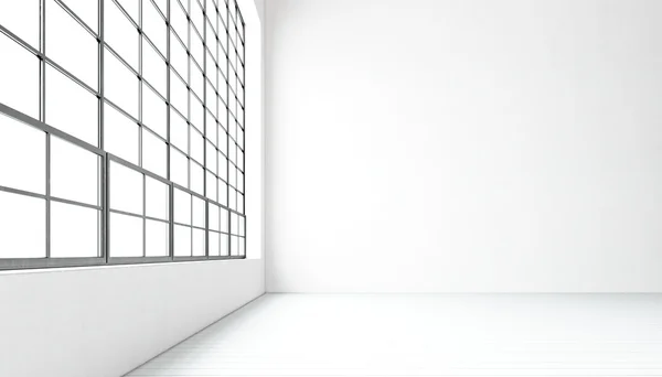 Κενή μοντέρνα αίθουσα συσκέψεων τεράστια πανοραμικά παράθυρα, βαμμένο φυσικό ξύλινο πάτωμα, τσιμεντένιο λευκό τοίχους. Γενική σχεδίαση εσωτερικού σύγχρονου συνεδριακού διαδρόμου. Ανοιχτή επιχειρηματική ιδέα. Οριζόντια. απόδοση 3D. — Φωτογραφία Αρχείου