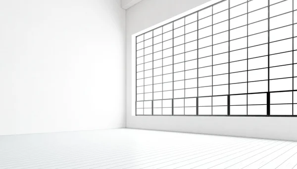 Pusty, nowoczesną salą z ogromne panoramiczne okna, malowane białą podłogę z drewna i puste ściany. Ogólny projekt wnętrza w sali konferencyjnej współczesnej. Pomysł na biznes otwartej przestrzeni. Horizontal.3D renderowania. — Zdjęcie stockowe