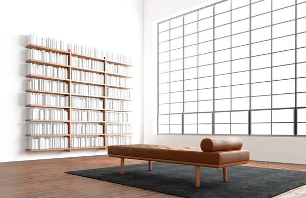 Σύγχρονο ανοιχτό χώρο εσωτερικό στούντιο τεράστιο πανοραμικό παράθυρο, φυσικό δάπεδο χρώμα. Έπιπλα γενικού σχεδιασμού στο σύγχρονο lounge Zone. Comfort κέντρο χαλιών. Ο κενός λευκός τοίχος της βιβλιοθήκης. απόδοση 3D. — Φωτογραφία Αρχείου