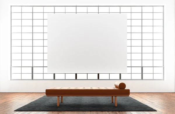 Modern iç stüdyo loft büyük panoramik pencere, doğal renk zemin. Çağdaş lounge bölgesinde jenerik tasarım mobilyalar. Konfor kanepe halı merkezi. Boş beyaz tuval asılı. 3d render. — Stok fotoğraf