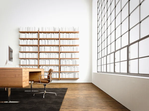 Moderna ventana panorámica interior del estudio, suelo de madera natural, paredes de hormigón blanco en blanco. muebles de diseño genérico, oficina de conferencias de negocios contemporánea. pantalla de monitor de reflexiones. . —  Fotos de Stock