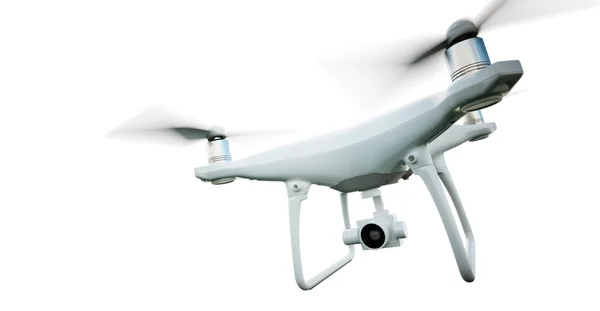 Foto Matte Genérico Design Moderno Controle Remoto Air Drone Voando com câmera de ação. Isolado em fundo branco vazio. Closeup horizontal. Renderização 3D . — Fotografia de Stock