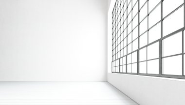 Boş modern toplantı salonu büyük panoramik pencerelere, Beyaz ahşap zemin, boyalı boş duvarlar beton. Genel tasarım iç çağdaş konferans salonu. Açık alan iş fikri. Horizontal.3D işleme.