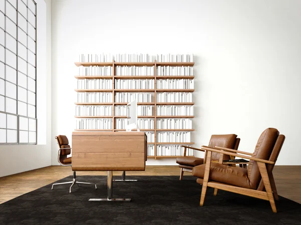 Modern interieur studio loft met panoramische ramen, natuurlijke kleur vloer, witte Blanco muren. Generieke design meubelen, computer in hedendaags Business Conference Office. Objecten houten tafel. 3D-rendering. — Stockfoto