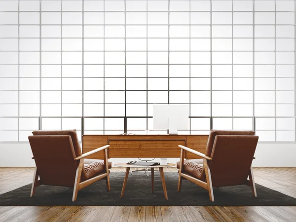 Moderne interieur studio loft groot panoramisch raam, natuurlijke kleur vloer, witte lege muren. Generieke design meubels, computer in hedendaagse kantoor van de conferentie. Objecten hout table.3d weergave. — Stockfoto