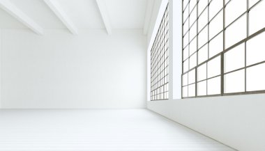 Büyük panoramik pencereler, boyalı beyaz ahşap zemin, boş duvarlar.3d render ile boş modern sanayi odası. Jenerik tasarım iç çağdaş bina. Açık uzay iş konferans salonu. Yatay.