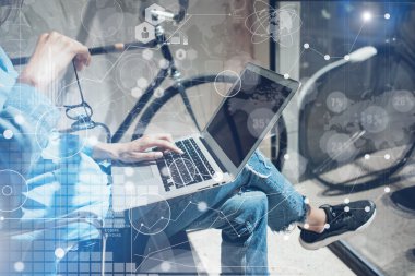 Woman Touching Keyboard Laptop Hand.Project Manager Researching Process.Business Team Working Startup modern Office.Global Strategy Virtual Icon.Innovation Chart Interface.Analyze market stock.Blur