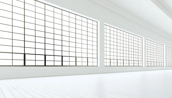 A modern, hatalmas ablakú ipari szoba üres, festett fehér fapadlós, üres falakkal. 3D renderelés. Általános tervezés belső kortárs épületben. Nyílt térben üzleti konferencia terem. Vízszintes. — Stock Fotó