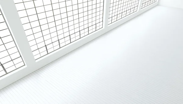 Κενή σύγχρονη βιομηχανική Expo μέρος τεράστια πανοραμικά παράθυρα, βαμμένο λευκό ξύλινο πάτωμα, καθαροί τοίχοι. απόδοση 3D. Γενικό ντιζάιν εσωτερικό σύγχρονο κτίριο. Ανοιχτή διαστημική αίθουσα συνεδριάσεων. Οριζόντια — Φωτογραφία Αρχείου