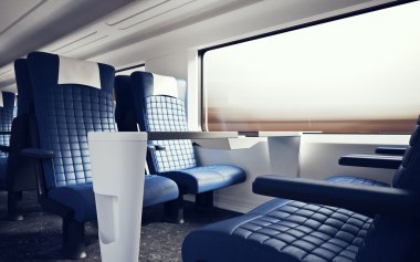 İç Birinci Sınıf Kabin Modern Speed Express Train.Nobody Blue Chairs Window.Rahat Koltuklar ve Masa İş Seyahat. 3d render. Yüksek Dokulu Sıra Malzemesi. Hareket Bulanık Arka Plan.